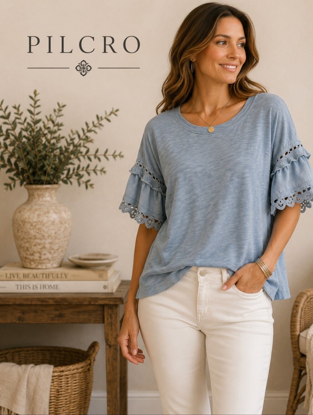Pilcro Anthropologie Blue Slub Cotton Eyelet Ruffle Sleeve Tee Top XL OB2325482